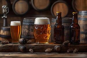Rustic Brewery Scene with Beer Glasses, Barrels, and Pine Cones in Rustic Setting photo
