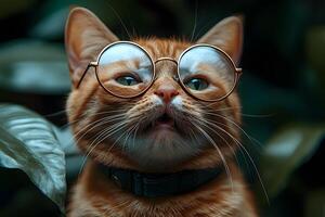 Intelligent Ginger Cat Wearing Glasses in a Lush Green Setting for Humorous Design photo