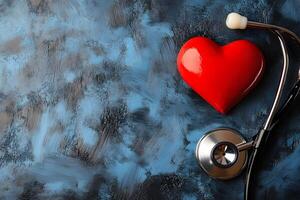 Healthcare and Heart Health Concept with Red Heart and Stethoscope on Textured Background photo