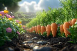 Vibrant Garden Scene with Carrots and Flowers in Sunlit Field photo