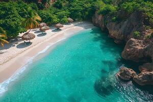 Tropical Beach Paradise with Turquoise Waters and Palm-Shaded Sunbeds for Vacation Relaxation photo