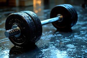 Heavy Dumbbell on Wet Gym Floor Reflecting Intensity and Strength Training Vibes photo