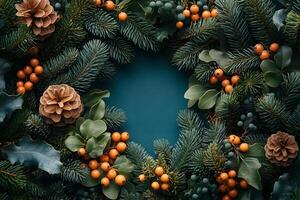 Festive Holiday Wreath with Pinecones and Berries for Christmas Decoration and Design photo