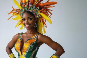 A woman in a colorful costume with feathers. photo