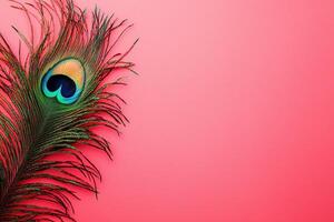 A peacock feather on a pink background photo