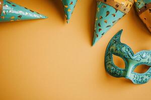 A group of three blue and gold carnival masks photo