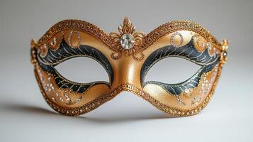 A gold and black masquerade mask on a white background photo