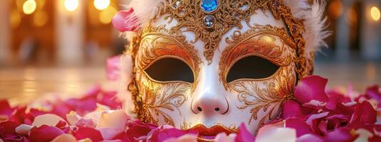A venetian mask with pink petals on the floor photo