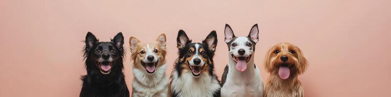 Five dogs are standing in front of a pink background photo