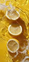 Three lemons are in a yellow liquid photo