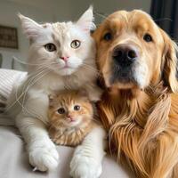 A dog and two cats sitting on a bed. photo