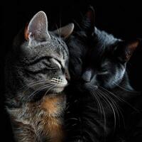 Two cats cuddling together on a black background. photo