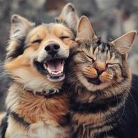 A cat and dog are smiling together photo
