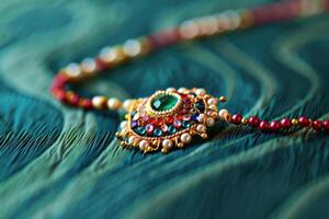 A close up of a gold and red necklace photo