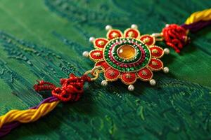 A colorful rakhi on a green background. photo