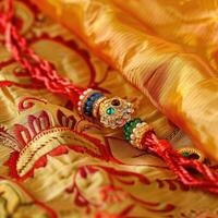 A close up of a gold and red rakhi photo