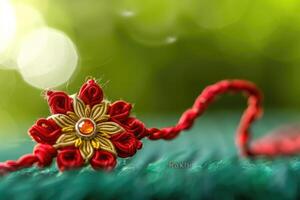 A red flower with a gold thread on a green background photo