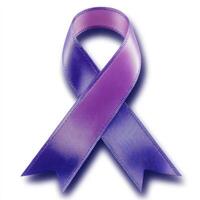 A purple ribbon is shown on a white background photo