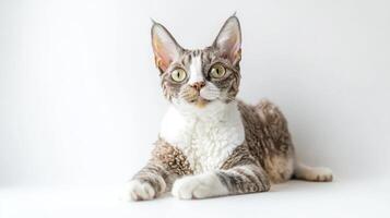 A cat with big eyes sitting down in white surface photo