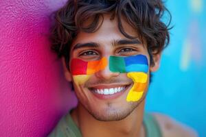 A man with rainbow painted on his face. photo