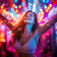 A woman in a white top and bra top is dancing in front of neon lights photo