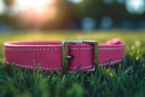 A pink dog collar on grass with sunlight in the background photo