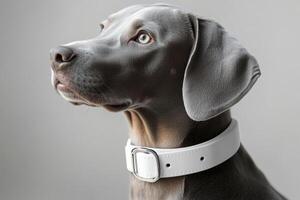A dog wearing a collar on a gray background photo