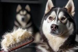 A dog is holding a brush in front of a dog photo