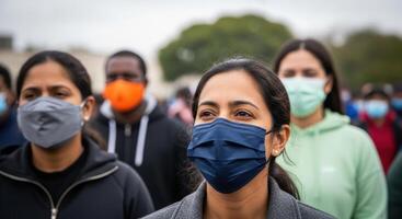 Diverse group of people wearing face masks, with a woman in blue mask looking ahead. photo