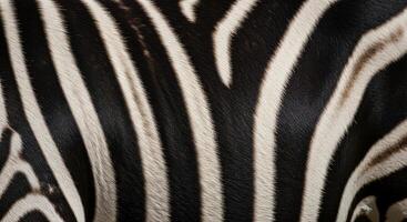 A close up view of a zebra black and white striped fur showing natural texture. photo