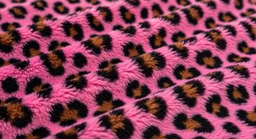 Vibrant pink faux fur fabric with leopard print pattern and soft plush texture photo
