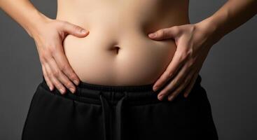 Close up of a woman midsection with hands holding and pinching excess belly fat. photo
