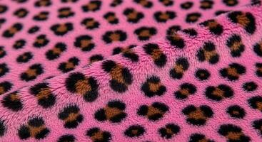 A close up of a vibrant pink faux fur textile with a detailed leopard print pattern photo