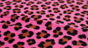 Vibrant pink plush faux fur fabric with bold leopard print pattern texture photo