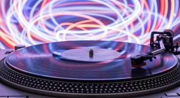 Vintage turntable with spinning vinyl record and dynamic light trails background photo