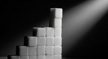 White sugar cubes arranged as a staircase with spotlight on dark background photo