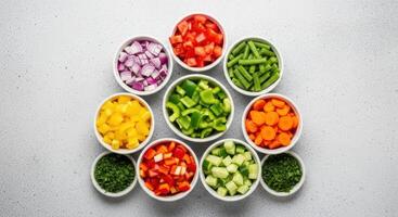 Nine white bowls filled with various colorful chopped fresh vegetables and herbs, top view. photo