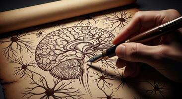 A hand drawing a detailed human brain with a fountain pen on vintage paper. photo