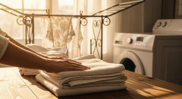 Woman folding clean white towels on a wooden table in a sunlit laundry room photo