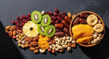 Top down view of assorted dried fruits and nuts on a dark surface photo