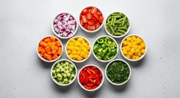 Colorful chopped fresh vegetables and herbs in white bowls for healthy cooking photo