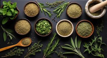 Assortment of fresh and dried herbs with kitchen tools on a dark surface, top view photo