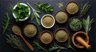 Assortment of dried and fresh culinary herbs with bowls, spoon, mortar and pestle on dark surface photo