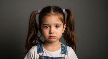 Unhappy little girl with pigtails and purple hair ties looking at camera photo