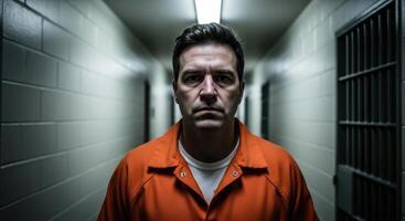 Serious man in orange jumpsuit standing in a prison hallway with cell bars visible. photo