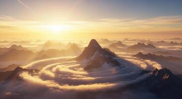 Golden sunrise over a majestic mountain range with swirling clouds photo