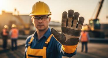 Construction worker in hard hat and gloves making stop gesture at building site photo