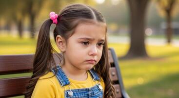 Upset little girl with brown pigtails and pink hair ties sitting alone on a park bench photo
