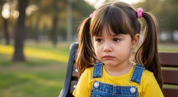 Sad little girl with pigtails crying on a park bench, showing emotional distress. photo