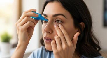 Young woman applying eye drops to her eye for vision care and health treatment photo